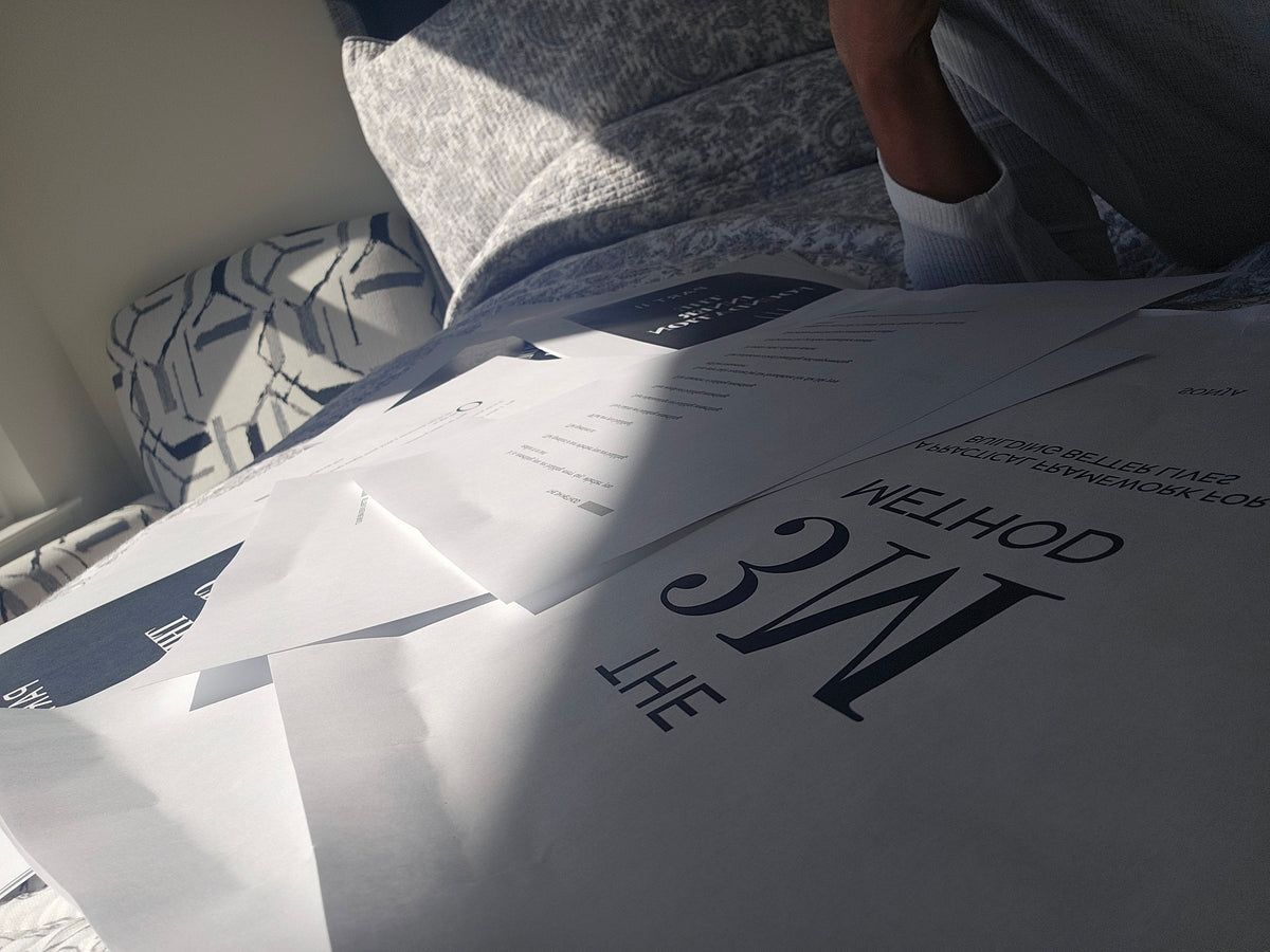 The 3M Method manuscript pages spread across Sonja’s bed during an early-morning review.